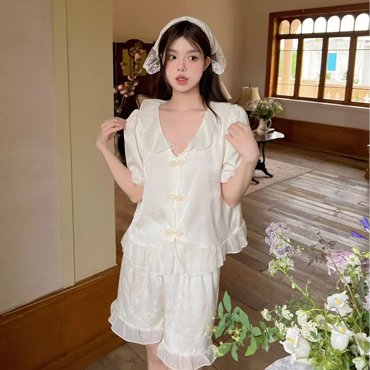 

Ice Silk Pajama Set Nightwear Lingerie Women Sexy Satin Sleepwear Home Clothing Summer Two Piece Short Sleeve Pijamas Set
