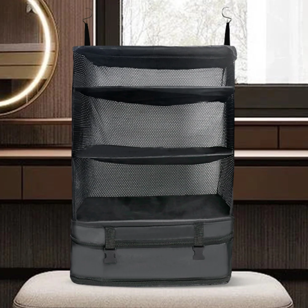 

3 Tiers Packing Cube Organizer Large Capacity Hanging Carry-on Organizer Space Saving Foldable Hanging Shelf 4 Compartments