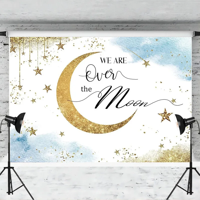 Over The Moon Baby Shower Backdrop Boho Blue Watercolor Shinning Stars Gold Celestial Party Decoration Photography Background