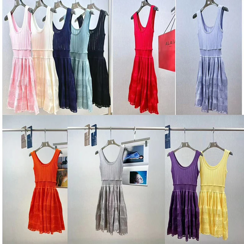 2025 verão francês recortado cintura franzida sem mangas vestido halter de malha, doce e elegante saia curta evasê