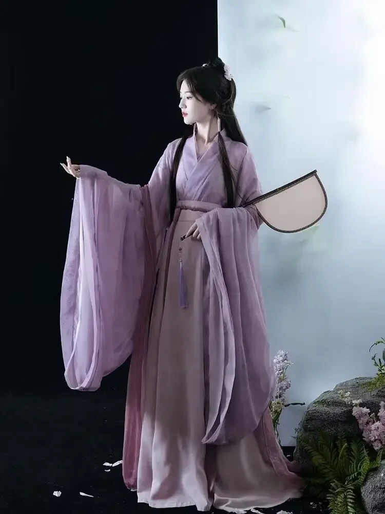 ชุด Hanfu ผู้หญิงจีนโบราณ3ชิ้นชุดนางฟ้า2023ชุดคอสเพลย์ผู้หญิงฤดูร้อนชุดเดรสเต้นรำ Hanfu สีม่วงชุด3ชิ้น