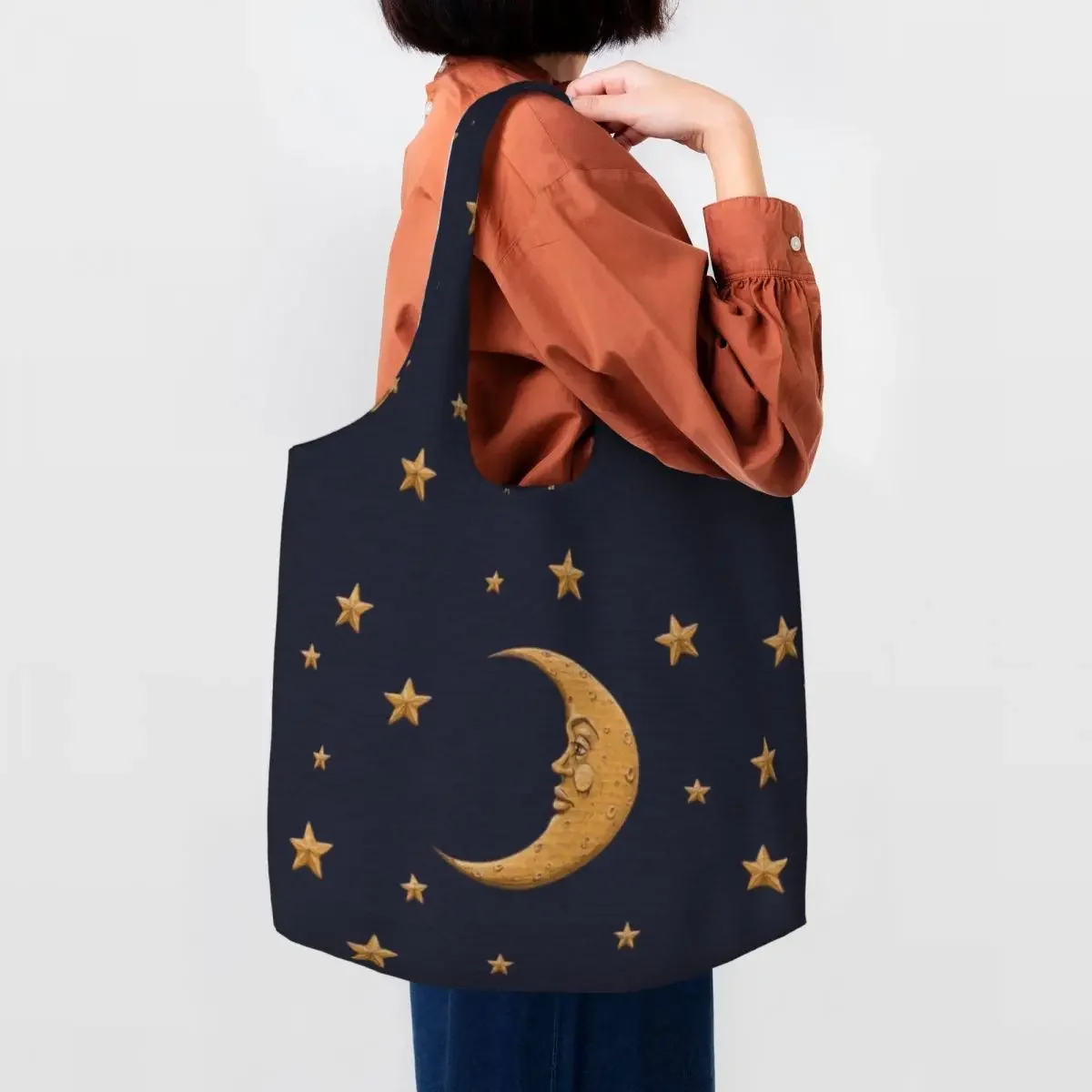 

Custom Kawaii Print Vintage Gold Moon And Stars Tote Shopping Bag Reusable Canvas Shopper Shoulder Handbag