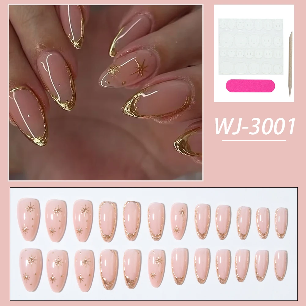 24 strisce per unghie in gel 3D a forma di mandorla per migliorare il senso della tua moda. Design con punta francese, vestibilità media, adesione perfetta. Impostare Inclu