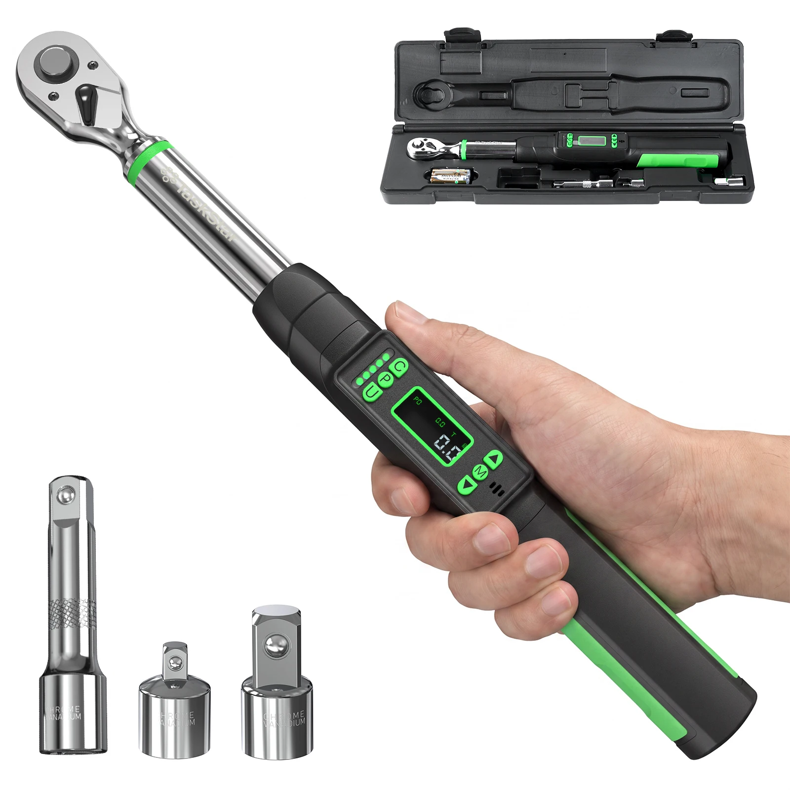 TaskStar Digital Torque Wrench 3/8 Inch Drive Real-time Screen Display Readout ±2% Accuracy Precision Torque Spanner (0-162Ft.lb/0-220N.m) Buzzer&Flashing Light Dual Alarm