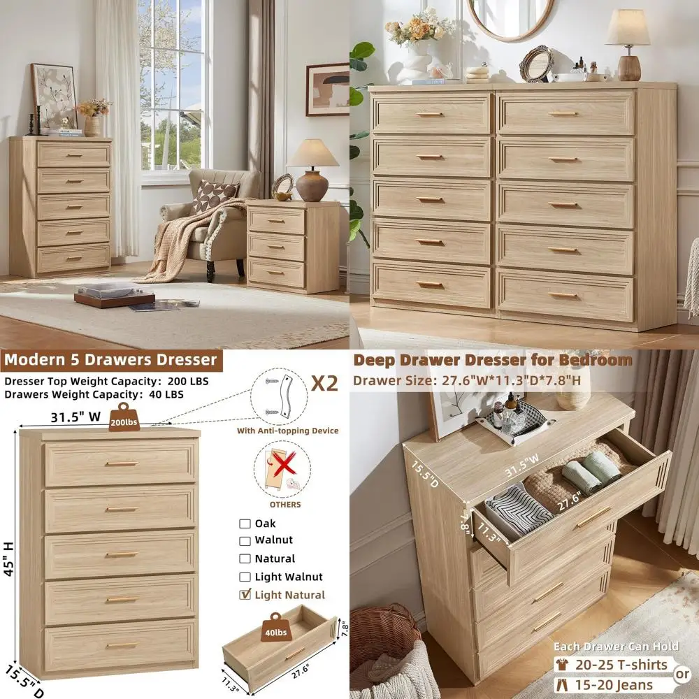 

5-Shelf 45 Tall Wooden Closet Organizer with Metal Handles for Bedroom, Living Room, or Hallway in Natural Finish