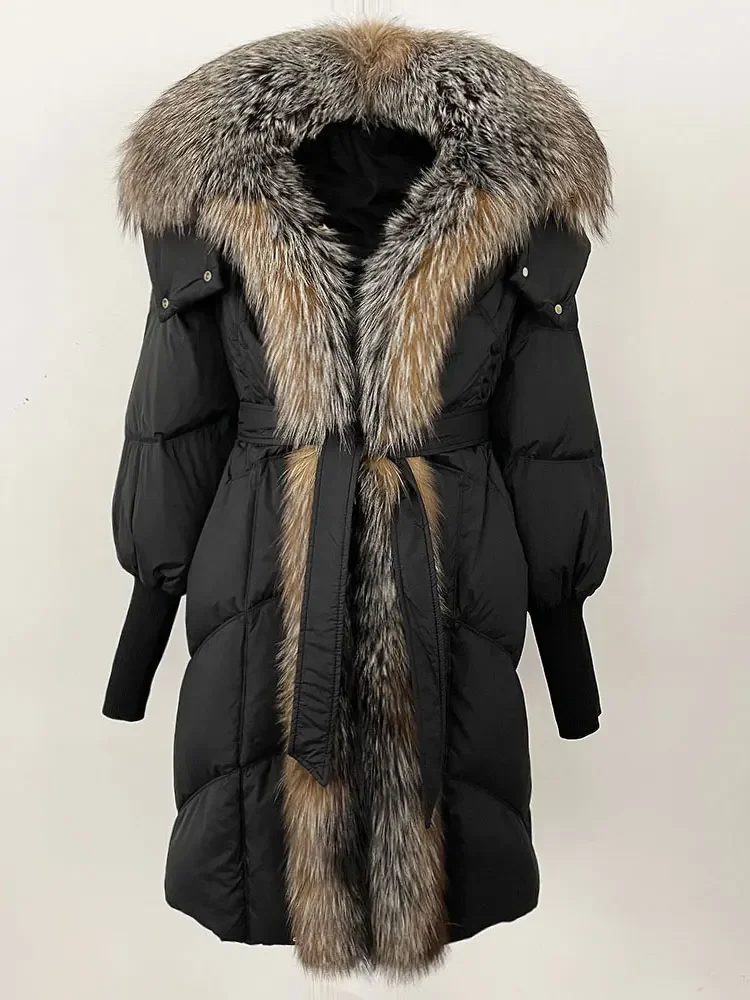 MENINA 2024 Neue Winter Jacke Frauen Lange Natürliche Echt Fox Pelz Kragen Mit Kapuze Weiße Ente Unten Mantel Dicke Warme Casual oberbekleidung