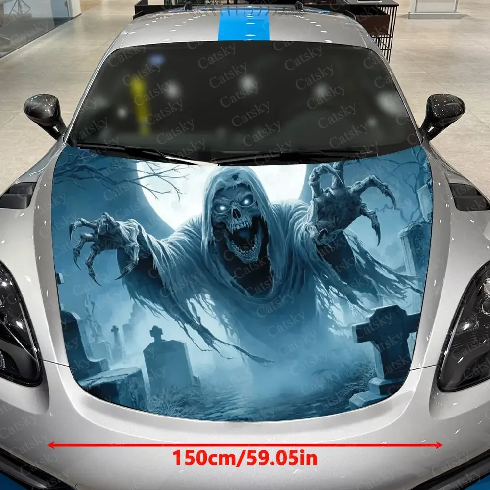 The Attacking Ghost Design For Cars, Waterproof PVC Hood Sticker, Self-Adhesive And Scratch-Resistant For Engine Covers