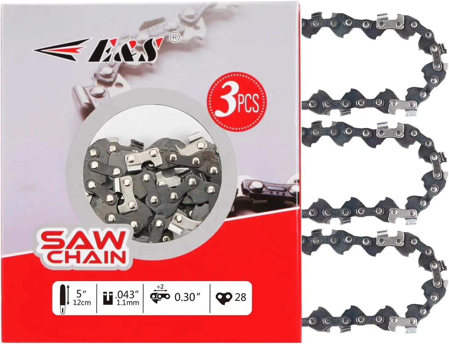 

Комплект из 3 цепей для бензопилы 5 дюймов, шаг 0,30 дюйма, толщина 0,043 дюйма, 28 ведущих звеньев, полуконцевые, для различных пил