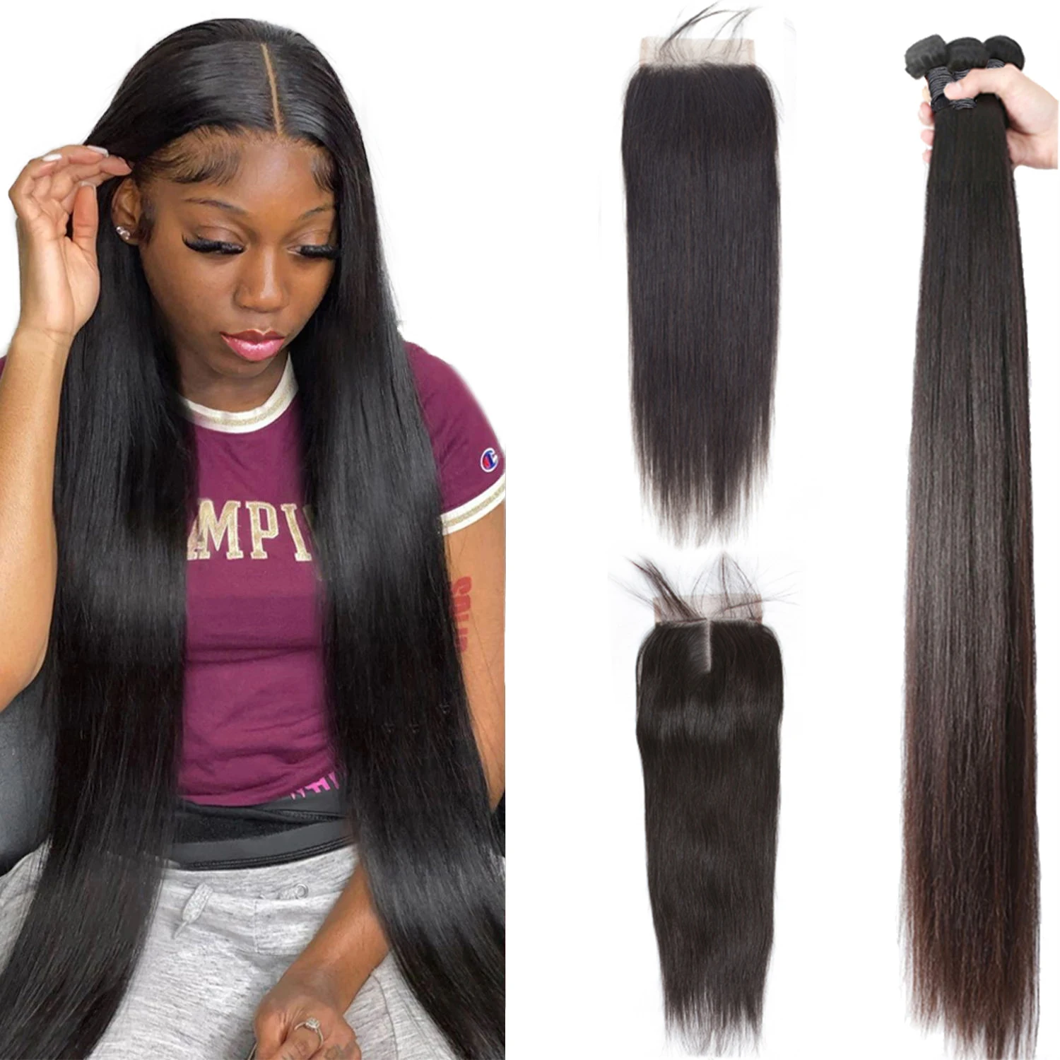 Missanna Pacotes de cabelo liso de 32, 34, 36, 38 e 40 polegadas com fecho, cabelo brasileiro com fecho de renda 4x4, apliques para costura.