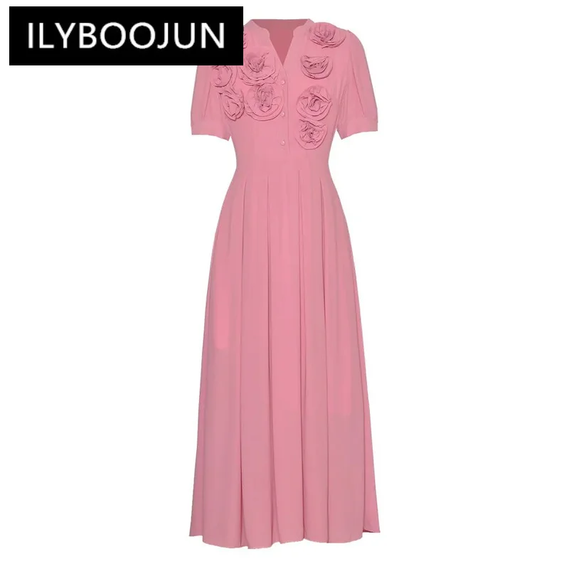 

ILYBOOJUN Summer Fashion Designer High Quality Women Dress Solid Color Flowers Appliques Button Pleated Medium Length Dresses