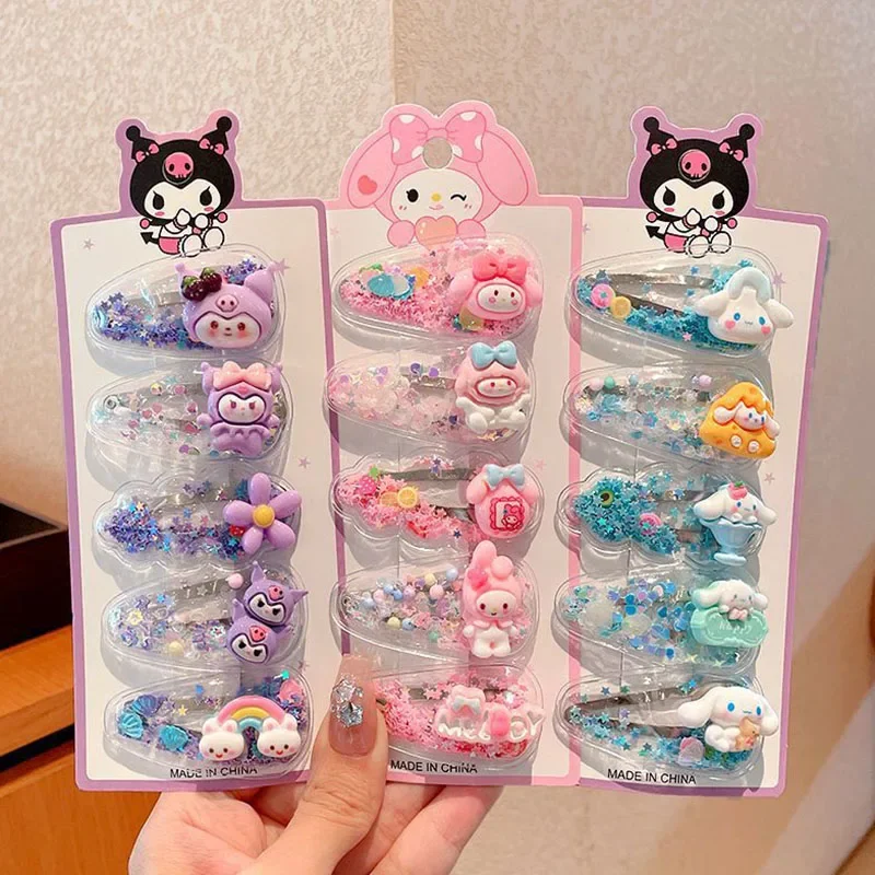 5Pcs Sanrio Kuromi Girls Hairpins Kawaii Cinnamoroll Baby Hairclip Melody Princess Flowing Sand Hair Barrette Sanrio Accessories