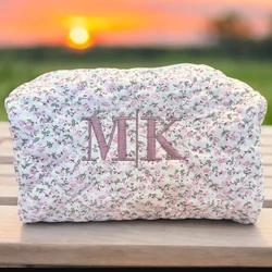 Bolsa de maquiagem floral, nome personalizado, tecido de algodão, armazenamento, bolsa de higiene pessoal de viagem feminina, bordado personalizado, presente de aniversário para mulheres