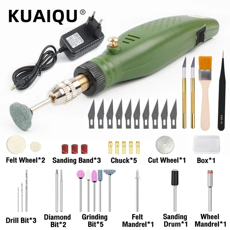 KUQIAU 100-240V Mini Grinder Set Engraving Woodworking Rotary Tool Dremel Engraver Grinding Machine With Drill Bits HB-004