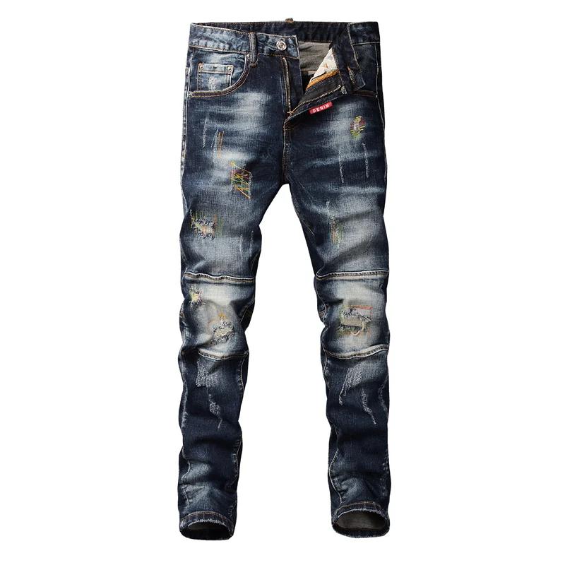 Jeans rasgado elástico Slim Fit masculino, calças jeans emendadas, bordadas, hip hop, streetwear retrô, preto, azul, designer, moda