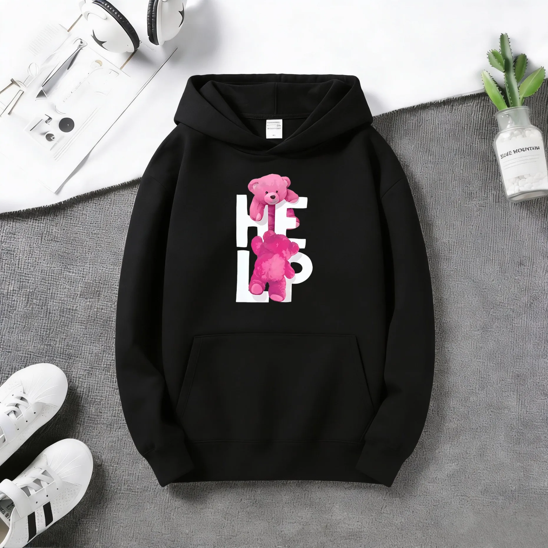 Fashionable kitten-patterned hooded sweater, versatile style, women's casual hooded sweater