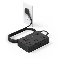Ultra Thin Flat Plug Extension Cord with 6 Widely Outlets Extender 4 USB Ports(2 USB C),5ft Surge Protector Power Strip for home