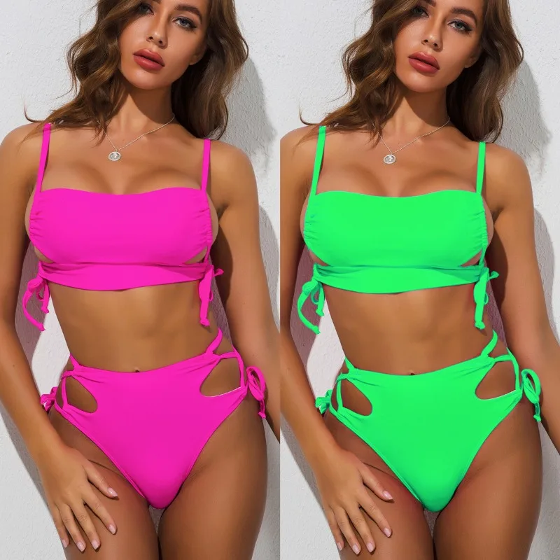 

2024 Bikinis Women High Waist Swimsuits Lace Up Side Swimwear Female Sexy Vest Bathers Bathing Swimming Suit Summer Beachwear