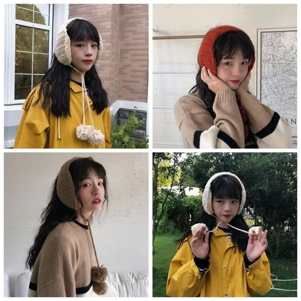 Handmade Korean Style Y2k Plush Earmuffs Solid Color Soft Warm JK Knitted Earflap Riding Outdoor Winter Ear Cover Girl