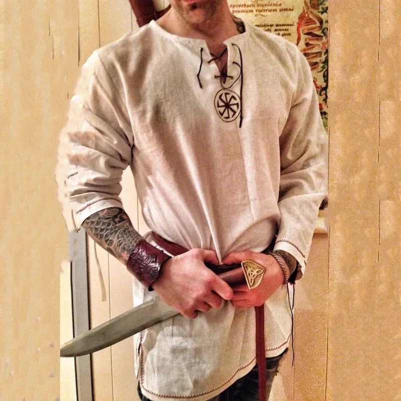 Halloween Knight Cosplay Renaissance Robe Viking Men Long Sleeve Tops Costume Medieval Clothing Pirate Disguis jk;6