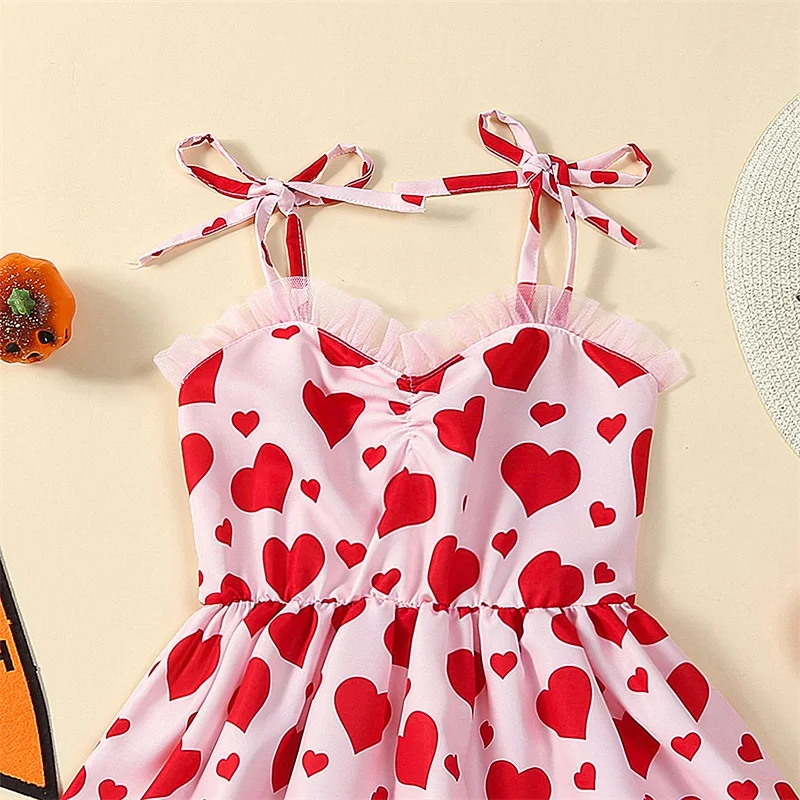 Girls Valentine s Day Cami Dress Sleeveless Heart Print Adjustable Shoulder Strap Princess Dress