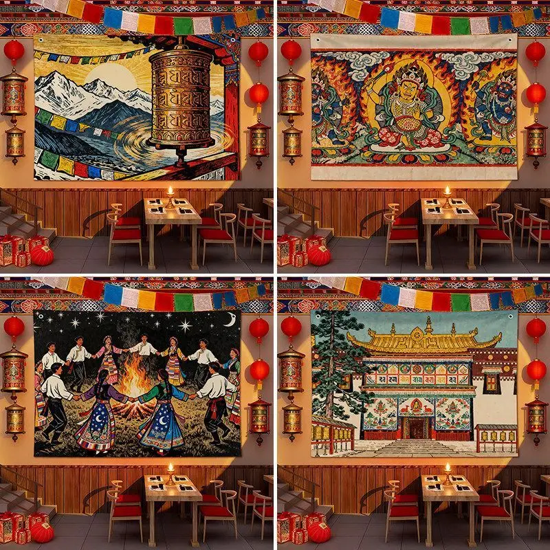 VIKAMA Ethnic Style Art Tapestry, Prayer Wheel Thangka Wall Hanging, Vintage Exotic Zen Decor, Bedroom Living Room Backdrop