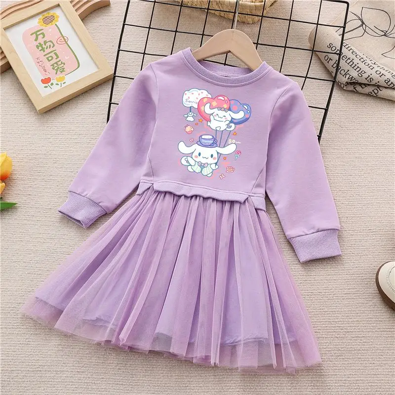 Sanrioed Kids Clothes Cartoon Kuromi Girls Long Sleeve Dress Anime My Melody Cinnamoroll Autumn Gauze Skirt Preppy Pleated Skirt