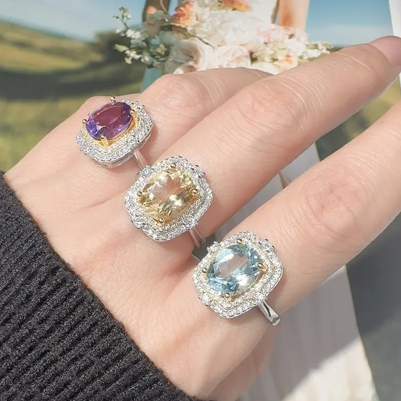 S925 sterling silver 18K gold natural gemstone ring light luxury high-end index finger ring energy jewelry women's live