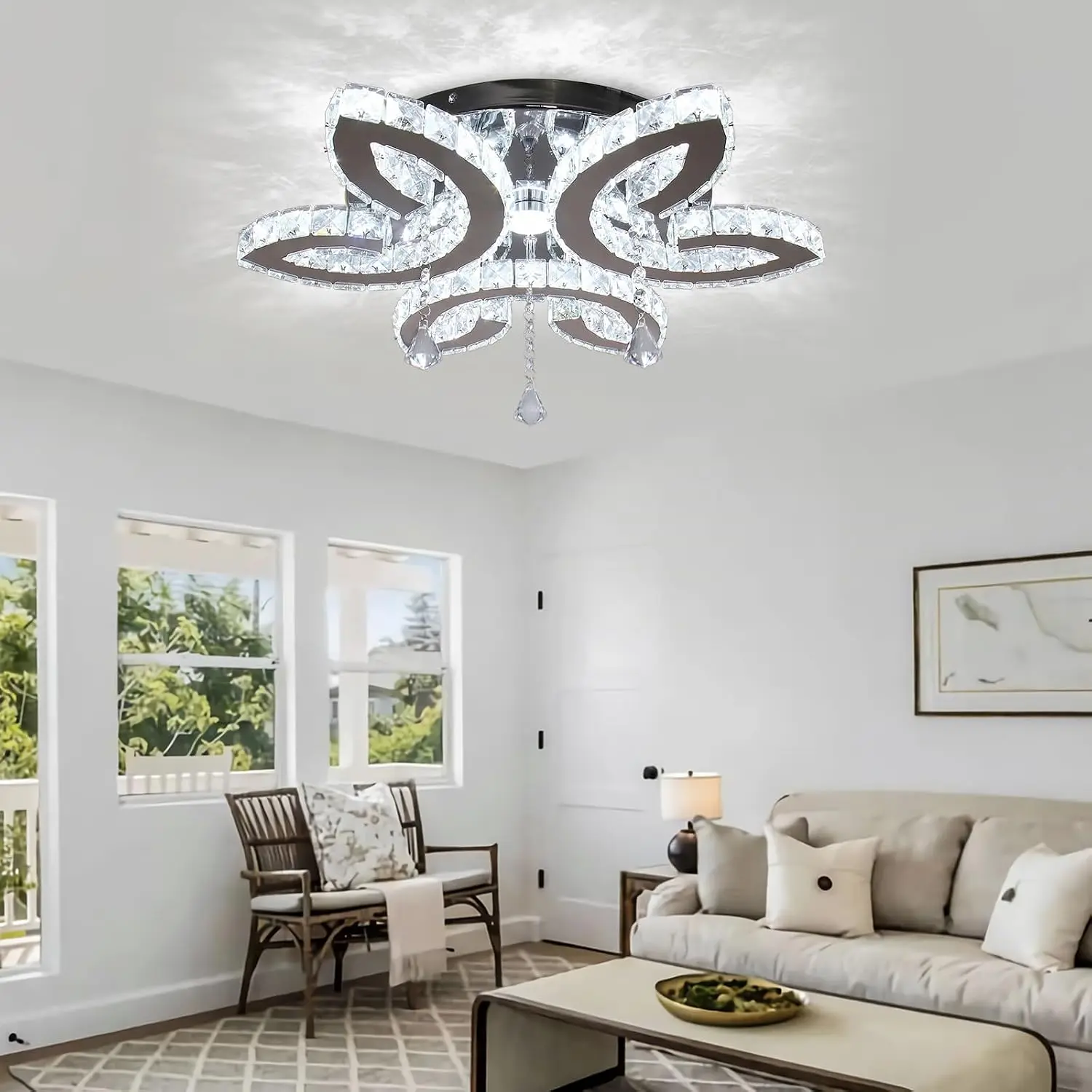 51.8 cm Flower Crystal Chandelier - LED Ceiling Lamp - Cool White | Three-petal crystal design, diameter and fixation 6500K cool white, suitable for bedrooms, living rooms and dining areas