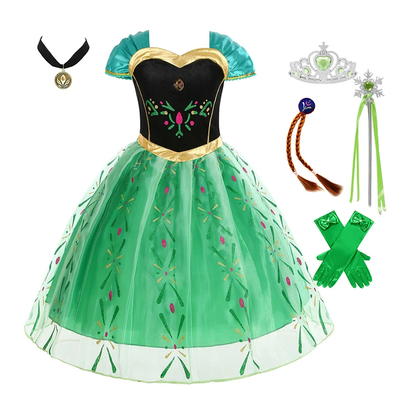 Disney Green Anna Dress for Kids Girl Halloween Princess Disguise Frozen Party Clothing Girls Hallloween Anna Gown Prom Dress