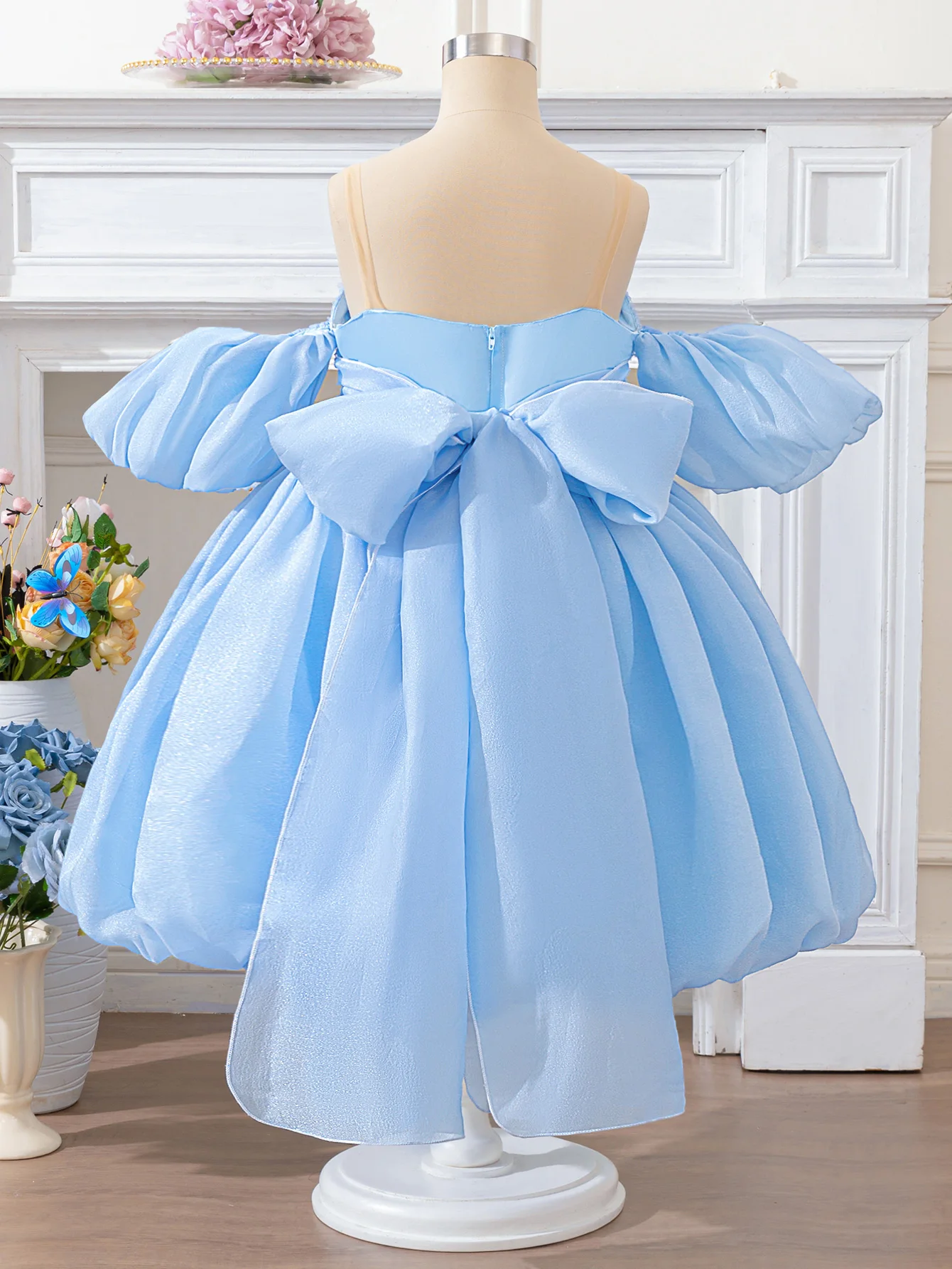 Elegant White Bridesmaid Party Girls Dresses Puff Sleeve Wedding Evening Gown Fashion Big Bow Princess Birthday Graduation Dress - view 4