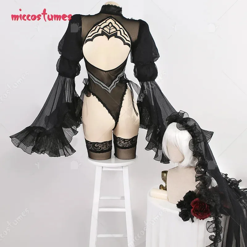 Miccostumes 2B White Black Costume with Veil Gloves for Women Wedding Dress Bride Cosplay