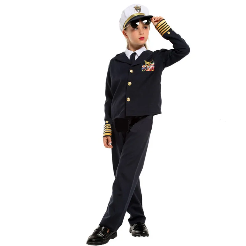 Unisex Girls Flight Attendant Cosplay Kids Children Halloween Airman Pilot Aviator Uniform Costumes Carnival Purim Party Dress