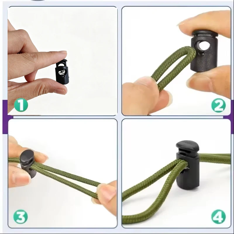 50 Stück Kunststoff-Kordelstopper Federklemmen für Kordelzug, Seil, Schlüsselband, Schnürsenkel, Kleidung, Schwarz, Einzelloch – Detail 7