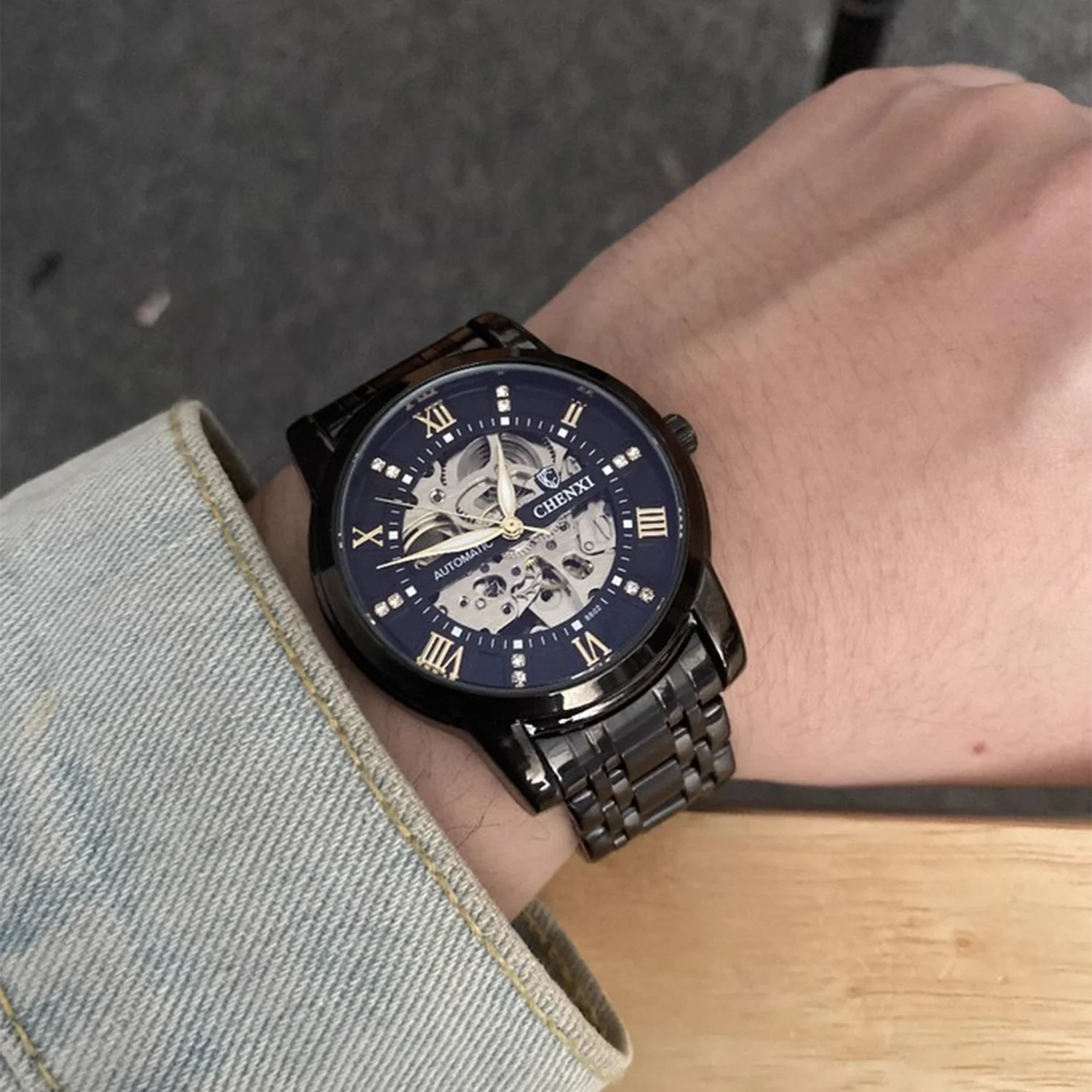 

CHENXI Бизнес Роскошные мужские часы из нержавеющей стали Полые автоматические механические часы Водонепроницаемые часы с круглым циферблатом для мужчин
