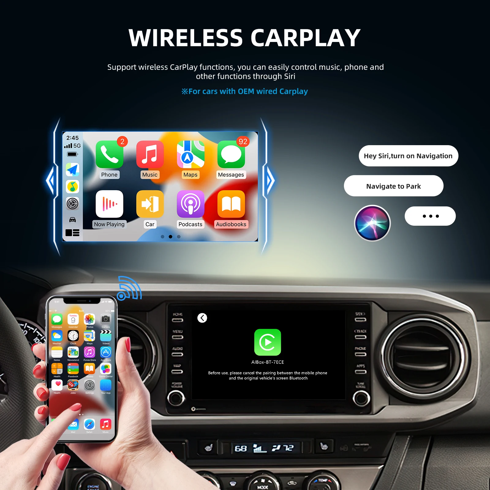 Podofo Wired CarPlay to Wireless CarPlay Ai Box Adapter USB Type-C Support Android Auto AirPlay Android Cast for AA CP Cars