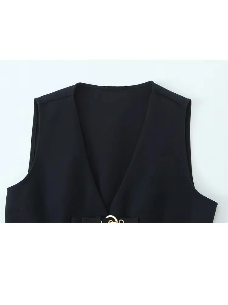 HH Zomer Effen Satijn Textuur 2 Delige Set Vrouwen Chic Mouwloze V-hals Gesp Decoratie Top Vest + Hoge Taille Bell-bottoms