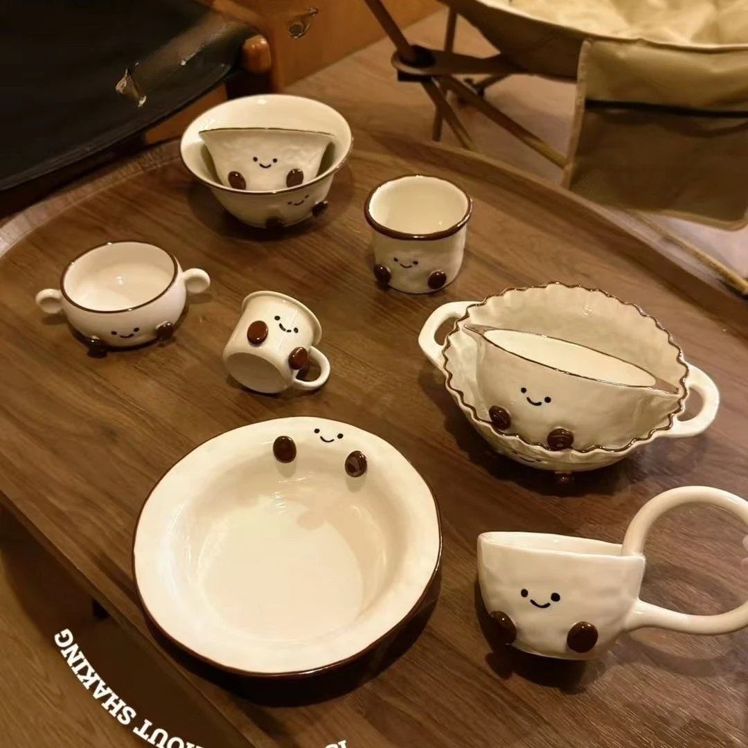 Cute Footed Ceramic Mug Set, Hand-painted Underglaze Color Plate,Salad Yogurt Noodle Bowl, Double Ear Bowls,Kitchen Utensil Gift