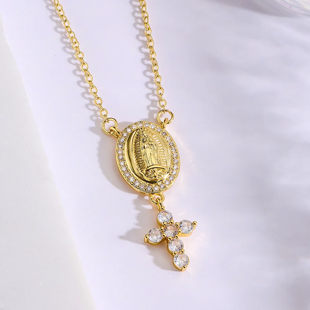 NEWBUY Classical Women\'s Religious Jewelry Copper CZ Zircon Inlay Virgin Mary Pendant Stainless Steel Chain Necklace