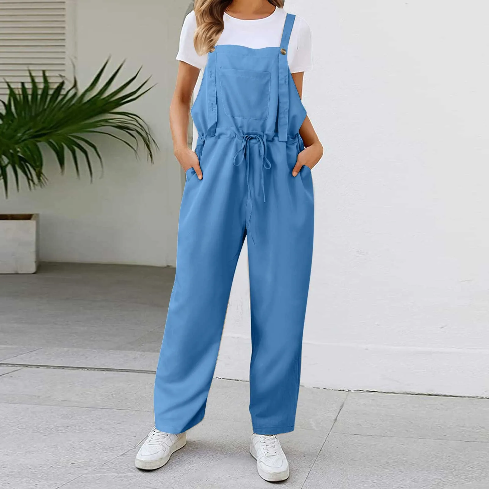 Jumpsuit panjang wanita musim panas 2024 Jumpsuit longgar kasual warna polos ukuran tipis tanpa lengan tali kaki lebar Suspender wanita Jumpsuit longgar