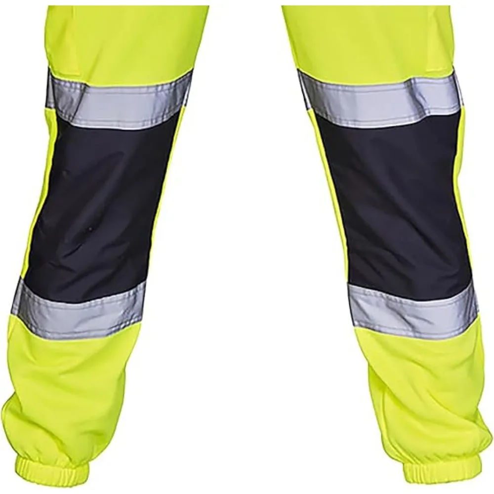 Mens High Visibility Work Cargo Pants Drawstring Casual Pockets Safe Reflective Construction Elastic Waist Trousers