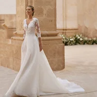 Personalizado 2025 Vestidos de novia magníficos Vestidos de novia de encaje blanco Vestidos de novia con escote en V Mangas 3/4 Vestidos de novia con apliques