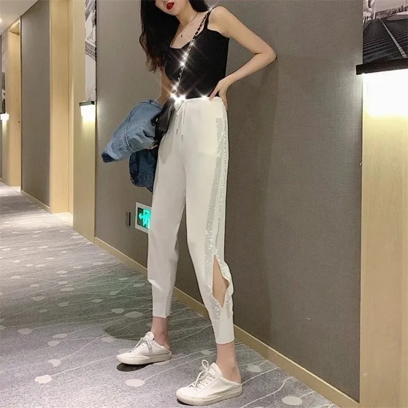 

Knitting Harlan Pants Hot Drill Women Casual Loose Pants Korean Fashion Harajuku Summer New Woman Wild Slit High waist Trousers