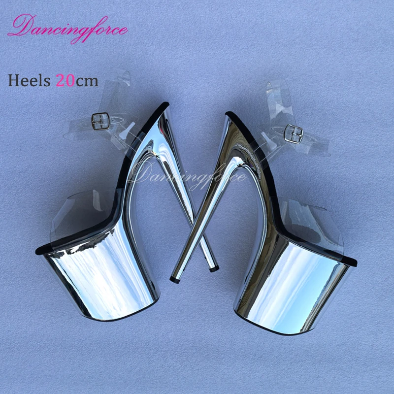 20CM/8inches Luxury Transparent TPU Upper Chrome Platform Pole Dance Shoes Women Sandals Stripper High Heels Open Toe