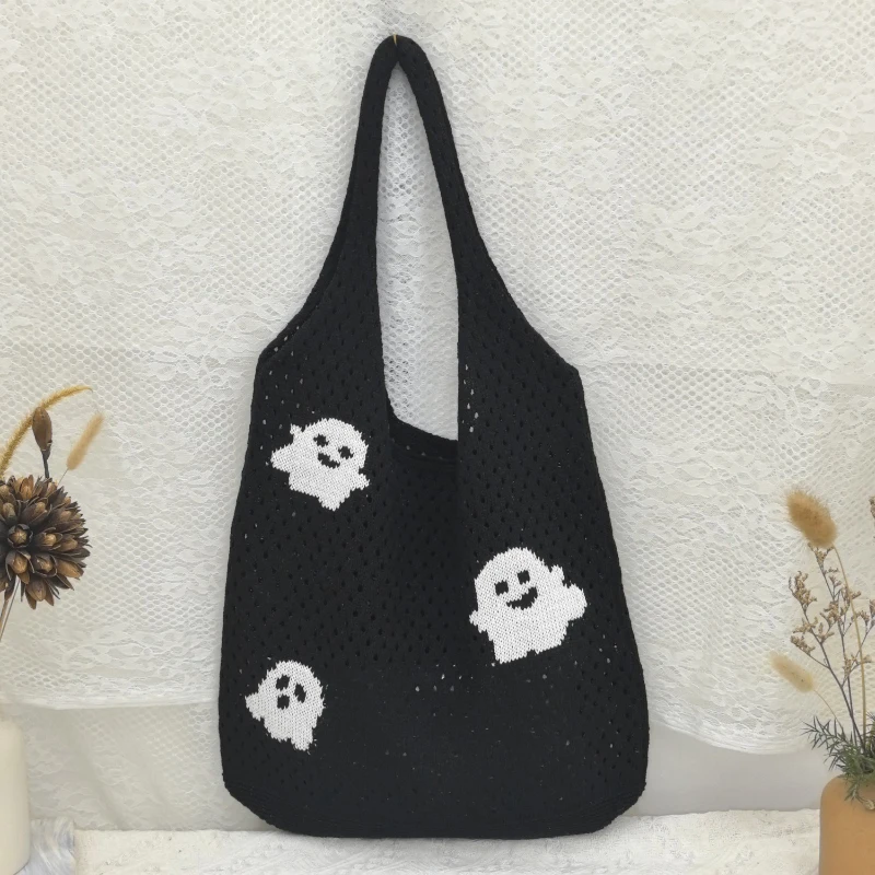 Gothic Skull Bat Pattern Knitted Shoulder Bag Halloween-themed Large-capacity Woven Tote Bag Stylish Simple Shopping Commut Bag