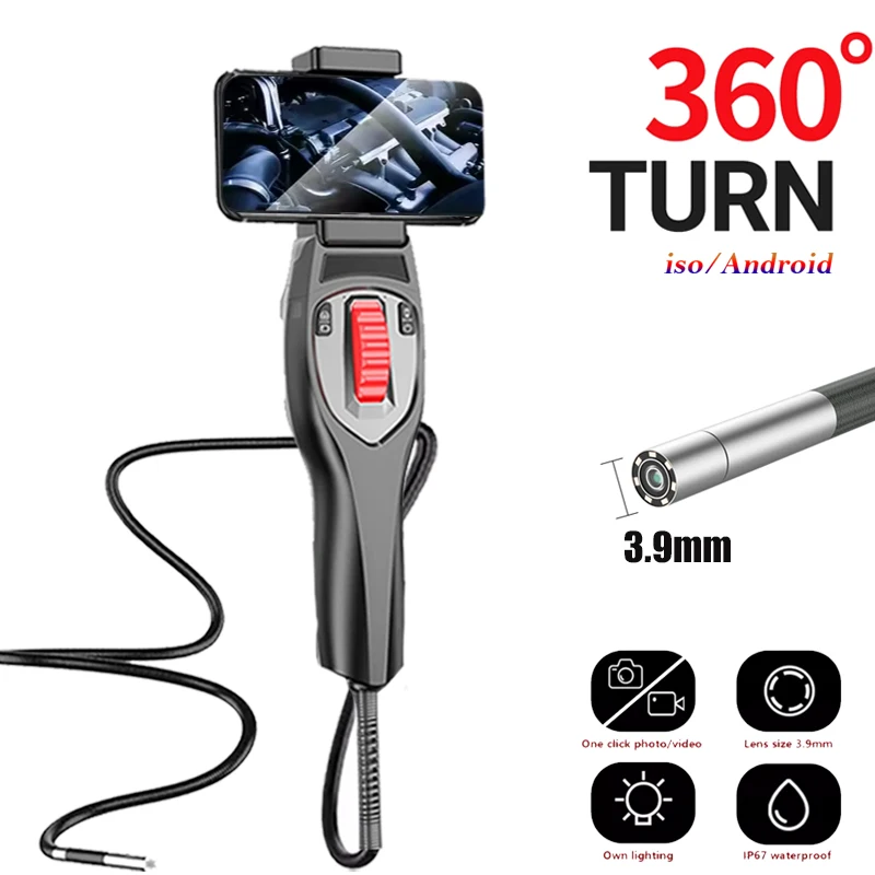 

3.9mm Two-Way Endoscope Articulating Industrial Borescope Snake Camera with Light 360°Rotation Sewer Camera Support Android IOS