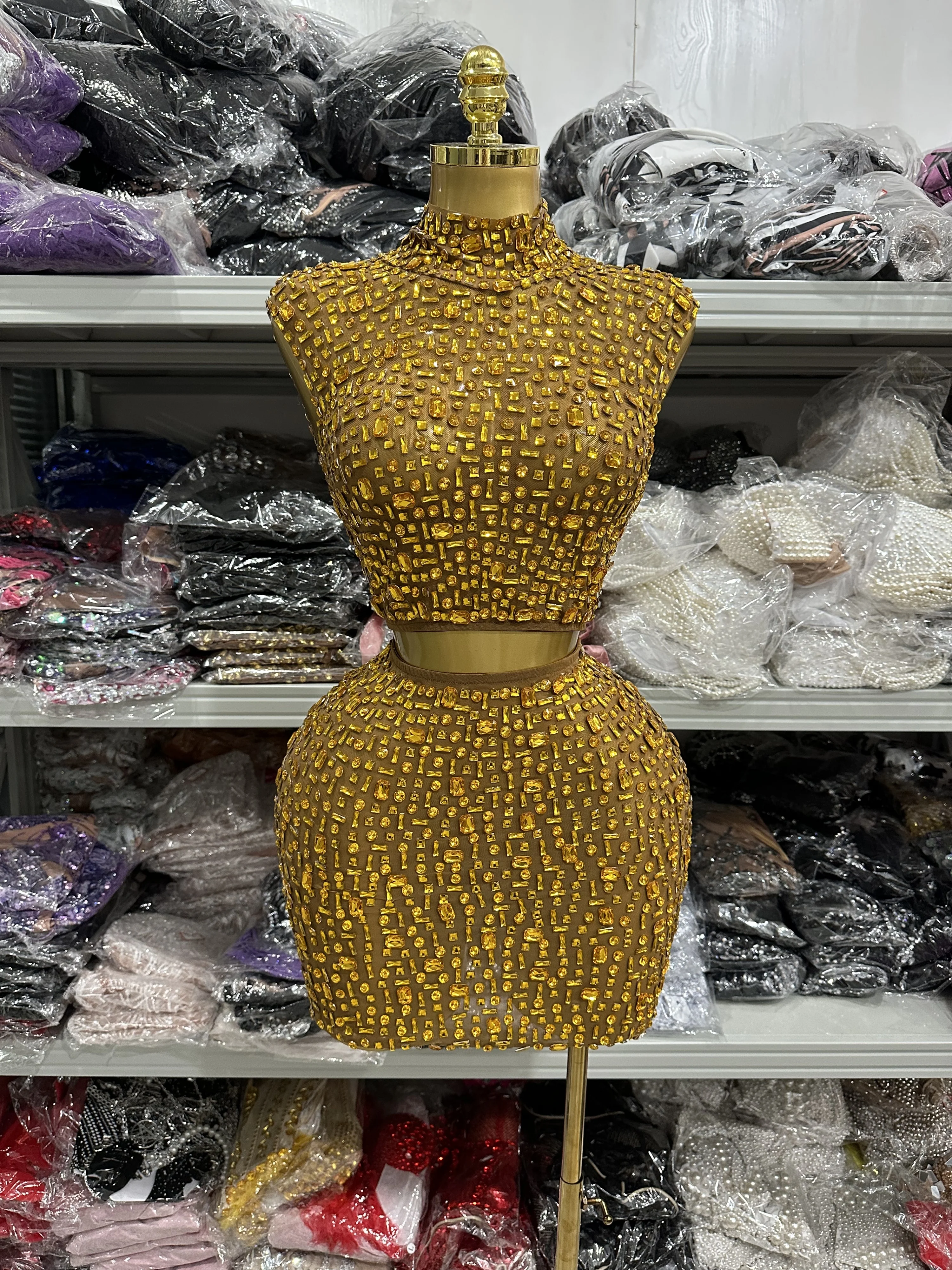 Women Sexy Two Pieces Set Women Skin Crystal Diamond Night Club Skirt Suits Singer Dancer See Through Stage Performance Costumes