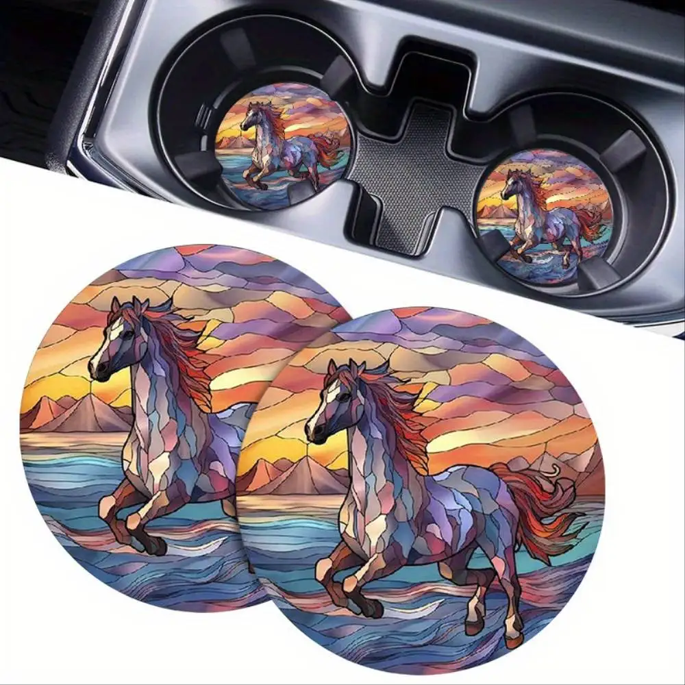 Horse Design EVA Cup Holder Coasters 2-Pack Anti-Slip Vibrant Drink Pads Vehicle Interior Festive Gift
