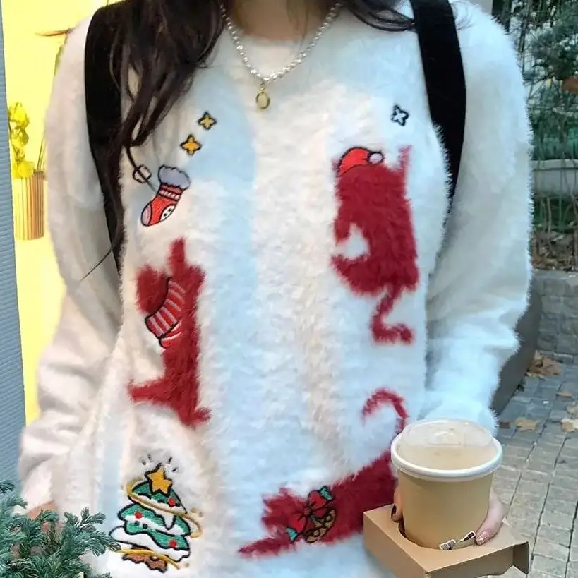 

Christmas Korean Sweater Female Soft Waxy Atmosphere Winter Retro Loose Mink Sweater Couple Trendy