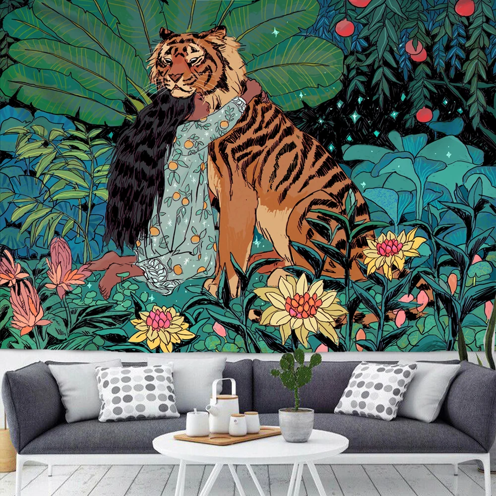 Psychedelic Mysterious Forest Big Tapestry Girl Tiger Moon Style Tapestry Home Wall Bedroom Decoration Print Wall Hanging