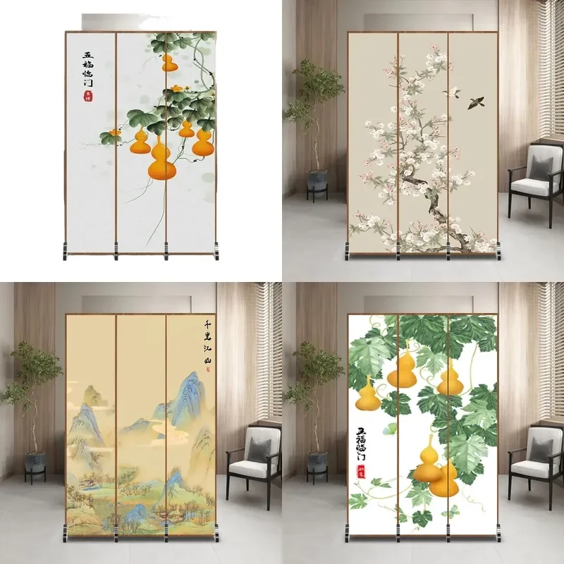 New Chinese Solid Wood Fabric Movable Partition Screen for Living Room Entryway Home Decorative Privacy Shield